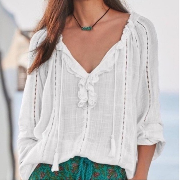 Sundance Tops - Sundance Cotton Gauze Poet Boho Ruffle Tie Neckline Blouse Medium